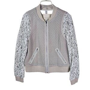 Rebecca Taylor Lace Sleeve‎ Bomber Jacket 10 Taupe/Ivory Quilted Lamb Leather